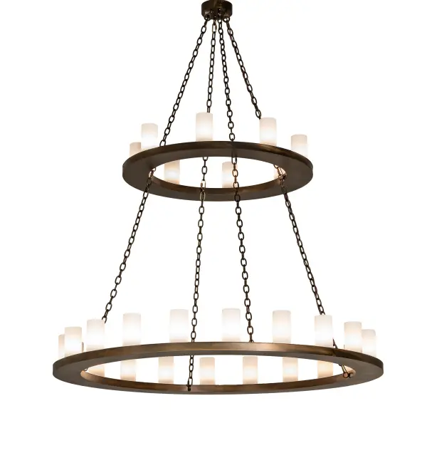 Upgrading a large old world chandelier of yore Loxley was custom crafted with 28 Statuario Idalight Cylindre shades featured on two decorative rings that are hand finished in Antique Copper. Energy efficient LEDs provide beautiful light for long life and energy savings. Ideal for illuminating lobbies, foyers and other residential and commercial spaces. The Loxley Chandelier is featured in our American Made, American designed, handcrafted Transitional Lighting Collection. Manufactured in Yorkville, New York. UL and cUL listed for dry and damp locations. Collection: Loxley Finish: Antique Copper Glass: Statuario Idalight Width: 60.00" Height: 72.00" Length: 60.00" Weight: 94.00 lb Number of Bulbs: 28 Maximum Wattage: 5.00 W Bulb Type: BA11 Bulb Base: E12 Light Source: LED Material: Steel Country of Origin: USA Safety Rating: Damp LED