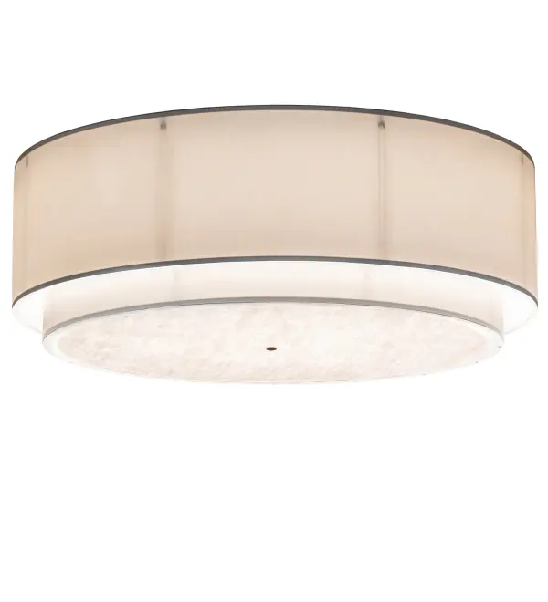 Designed with a curved profile and a clean architectural look. This appealing ceiling fixture reveals a sophisticated aesthetic. An Eggshell Textrene shade is complemented with an Angelwing Idalight bottom diffuser and enhanced with Gloss White accents and Matte Black finished hardware. Illuminates beautifully with Integral LEDs for energy efficiency and long life. The Cilindro Flushmount is included in our American-made; American-designed handcrafted Modern Collection. Manufactured in Yorkville; NY. UL and cUL listed for dry and damp locations; however; we do not recommend installing it in spaces that experience a large amount of moisture due to the fabric shade.