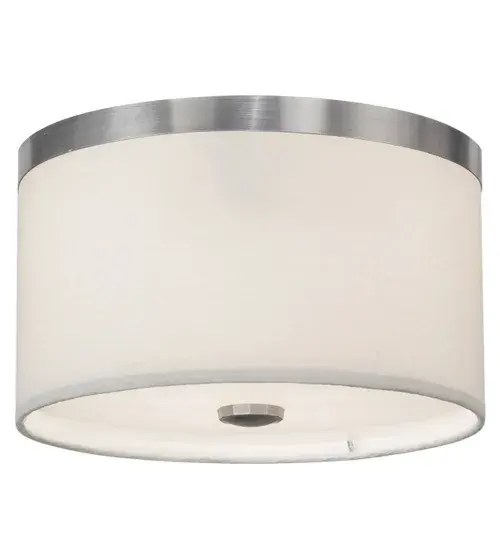 Designed with a refined rotund profile; this modern centerpiece for the ceiling blends with any decor. The shade features White Linen Textrene which is enhanced with a Statuario Idalight bottom diffuser and complemented with Stainless Steel trim and a button finial featured in a Nickel powdercoat finish.The flushmount reveals a nice glow for closets; hallways; foyers and other spaces that need ambient lighting. - alternate view