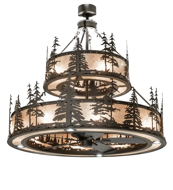 Mesmerizing Pine Tree silhouettes stand tall as the brilliant morning sun rises above the mountain lake in the background.?The lens features Amber Mica illuminated as gentle breezes are created by the fan spinning quietly in the center and complemented by decorative accents in an Oil Rubbed Bronze finish. The custom fan-integrated lighting fixture illuminates with 12 inner lights to bring out the beauty of the Mica, four uplights deliver ambient lighting, and four downlights deliver functional lighting on surfaces below.?The lights benefit from three separate circuits to give you precise dimming control over various layers of light and a fourth circuit for the fan to create the perfect ambiance in the space. It is ideal for illuminating billiard tables, kitchen islands, dining tables, counters, and bars in residential and hospitality settings. Inspired by pine trees found in national pine forests from the Black Hills in Wyoming, to Deschutes National Forest in central Oregon, to Bristlecone Forest in the White Mountains in Bishop, California.? In summer, the fan circulates windchill to keep the space cool & comfortable. In winter, the fan reverses to pull air towards the ceiling, force the warm air back down & circulate to create warmth. The Tall Pines Chandel-Air is included in our American-made, American-designed, handcrafted Chandel-Air Collection and manufactured in Yorkville, NY. UL & cUL listed for dry and damp locations. Collection: Tall Pines Finish: Oil Rubbed Bronze Glass: Silver Mica Width: 56.00" Height: 54.00" Length: 56.00" Weight: 165.00 lb Number of Bulbs: 12 Maximum Wattage: 60.00 W Bulb Type: A19 Bulb Base: E26 Material: Steel Country of Origin: USA Safety Rating: Damp
