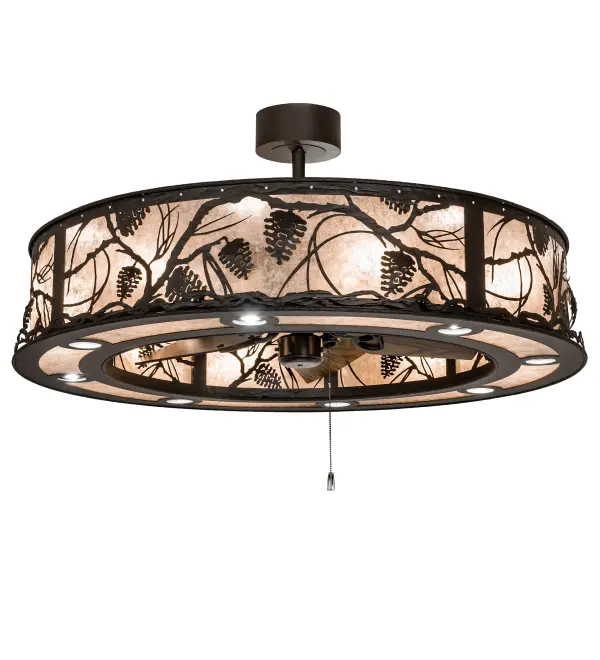 Delicate Pinecones and Pine Branches appear to rustle in the wind on this Custom Fan-Integrated Light Fixture, featuring Silver Mica and a matching bottom diffuser, with an Oil Rubbed Bronze finish. Multiple layers of light for different moods and tasks include 8 inner lights that bring out the beauty of the Mica, 8 uplights for ambient illumination & 8 downlights that deliver functional illumination. A windchill circulates to keep the space cool during the summer, and reversed to pull the room air up and force warm air down in winter. The Whispering Pines Chandel-Air is included in our American-made, American-designed handcrafted Chandel-Air Collection. Manufactured in Yorkville, NY. UL & cUL listed for dry & damp locations. Collection: Whispering Pines Finish: Oil Rubbed Bronze Glass: Silver Mica Width: 45.00" Height: 22.00" Length: 45.00" Weight: 100.00 lb Number of Bulbs: 8 Maximum Wattage: 12.00 W Bulb Type: A19 Bulb Base: E26 Light Source: LED Material: Steel Country of Origin: USA Safety Rating: Damp LED
