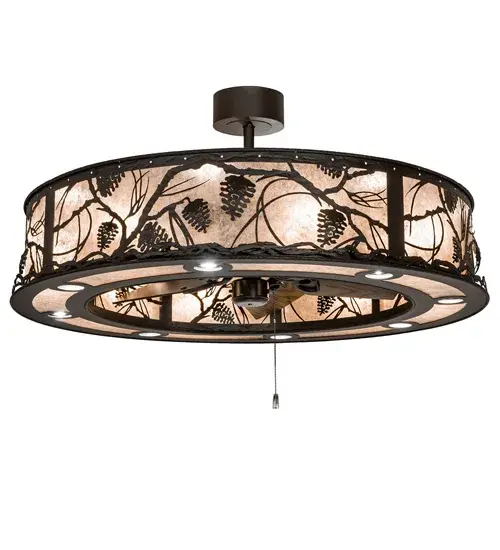 Delicate Pinecones and Pine Branches appear to rustle in the wind on this Custom Fan-Integrated Light Fixture, featuring Silver Mica and a matching bottom diffuser, with an Oil Rubbed Bronze finish. Multiple layers of light for different moods and tasks include 8 inner lights that bring out the beauty of the Mica, 8 uplights for ambient illumination & 8 downlights that deliver functional illumination. A windchill circulates to keep the space cool during the summer, and reversed to pull the room air up and force warm air down in winter. The Whispering Pines Chandel-Air is included in our American-made, American-designed handcrafted Chandel-Air Collection. Manufactured in Yorkville, NY. UL & cUL listed for dry & damp locations. Collection: Whispering Pines Finish: Oil Rubbed Bronze Glass: Silver Mica Width: 45.00" Height: 22.00" Length: 45.00" Weight: 100.00 lb Number of Bulbs: 8 Maximum Wattage: 12.00 W Bulb Type: A19 Bulb Base: E26 Light Source: LED Material: Steel Country of Origin: USA Safety Rating: Damp LED - alternate view