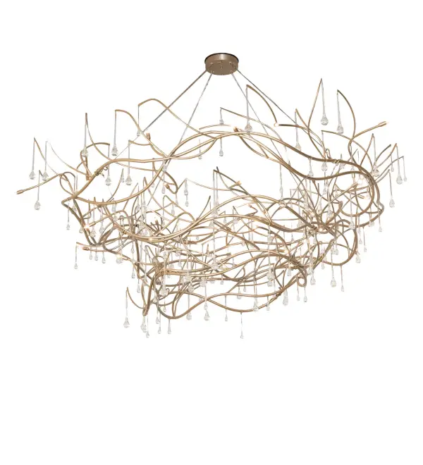 An elegant winding bundle of metal boughs supports foliage in the shapes of 32 miniature glass crystal lights. Rustic charm comes alive with soft ambient light from this Nature Inspired chandelier, enhanced with a Champagne Metallic finish. This eye-catching chandelier will spark conversation and create excitement in living areas, lobbies, restaurants, and clubs. Overall height ranges from 121 to 190 inches as the aircraft cable can be adjusted in the field. The Crystal Tear Drop Chandelier is featured in our American-made, American designed handcrafted Nature Inspired Collection. Manufactured in Yorkville, New York. UL and cUL listed for dry and damp locations. Collection: Crystal Tear Drop Finish: Champagne Metallic Glass: Glass Crystal Width: 96.00" Height: 121.00" Length: 96.00" Weight: 180.00 lb Number of Bulbs: 32 Maximum Wattage: 25.00 W Bulb Type: B10 Bulb Base: E12 Material: Steel Country of Origin: USA Safety Rating: Damp