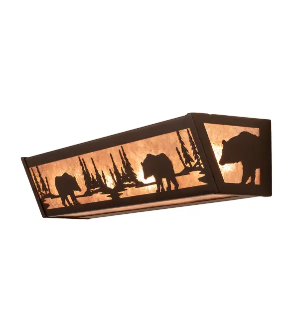 This fixture is made of steel and mica. The steel components are finished in Oil Rubbed Bronze. The lens is Silver Mica. This fixture is UL rated for damp locations. Collection: Bear At Lake Finish: Oil Rubbed Bronze Glass: Silver Mica Width: 24.00" Height: 4.50" Length: 5.50" Weight: 7.00 lb Extension from Wall: 5.50" Number of Bulbs: 4 Maximum Wattage: 60.00 W Bulb Type: A19 Bulb Base: E26 Material: Steel Country of Origin: USA Safety Rating: Damp