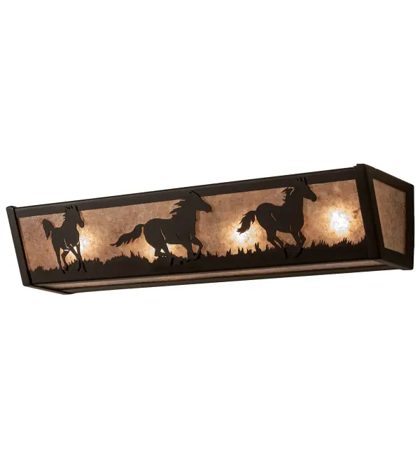 Running Horses are featured galloping along the prairie while the sun rises in the background in this dramatic lighting design. Beautiful ambient lighting is projected through a Silver Mica lens which is enhanced in a stunning Oil Rubbed Bronze finish. Perfect as a vanity light in a bath or as a wall sconce in baths, hallways, entryways, and other residential, hospitality, and commercial spaces throughout the US, including Great Falls, Montana, Silver City, New Mexico, and Scottsbluff, Nebraska. The Running Horses Vanity Light is featured in our American-made, American-designed, handcrafted Wildlife Lighting Collection. This fixture is manufactured in Yorkville, New York. UL and cUL listed for dry and damp locations. Collection: Running Horses Finish: Oil Rubbed Bronze Glass: Silver Mica Width: 24.00" Height: 4.50" Length: 5.50" Weight: 7.00 lb Extension from Wall: 5.50" Number of Bulbs: 4 Maximum Wattage: 12.00 W Bulb Type: A19 Bulb Base: GU24 Light Source: LED Material: Steel Country of Origin: USA Safety Rating: Damp LED