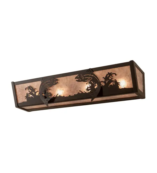 This fixture is made of Steel and Mica. The steel components are finished in Oil Rubbed Bronze. The shade is Silver Mica. This fixture is UL rated for damp locations. Collection: Leaping Trout Finish: Oil Rubbed Bronze Glass: Silver Mica Width: 5.75" Height: 5.13" Length: 24.00" Weight: 6.50 lb Extension from Wall: 24.00" Number of Bulbs: 4 Maximum Wattage: 60.00 W Bulb Type: A19 Bulb Base: E26 Material: Steel Country of Origin: USA Safety Rating: Damp