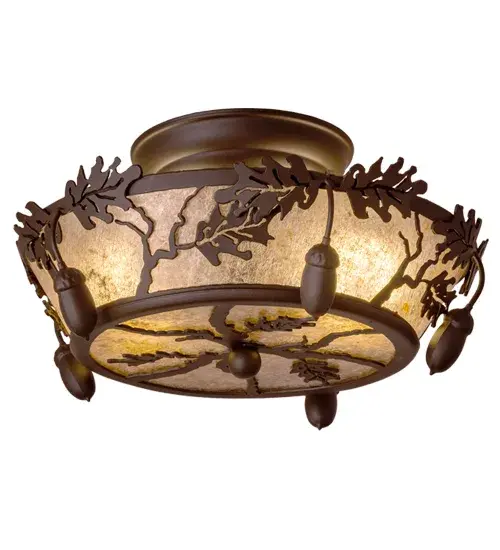 Distinctive charm is revealed with this elegant, nature inspired design as artistic Oak leaves and Acorns adorn a stunning Silver Mica diffuser. The decorative accents and hardware are featured in an Oil Rubbed Bronze finish. The most powerful of all trees, the mighty Oak and all of its leaves represent courage and strength. The fixture is handcrafted in Meyda's manufacturing facility, at the foothills of the majestic Adirondack Mountains in the USA. Custom colors, styles, sizes and dimmable energy efficient lamping options are available. Collection: Oak Leaf & Acorn Finish: Oil Rubbed Bronze Glass: Silver Mica Width: 10.00" Height: 5.00" Length: 10.00" Weight: 2.50 lb Number of Bulbs: 2 Maximum Wattage: 60.00 W Bulb Type: A19 Bulb Base: E26 Material: Steel Country of Origin: USA Safety Rating: Damp - alternate view