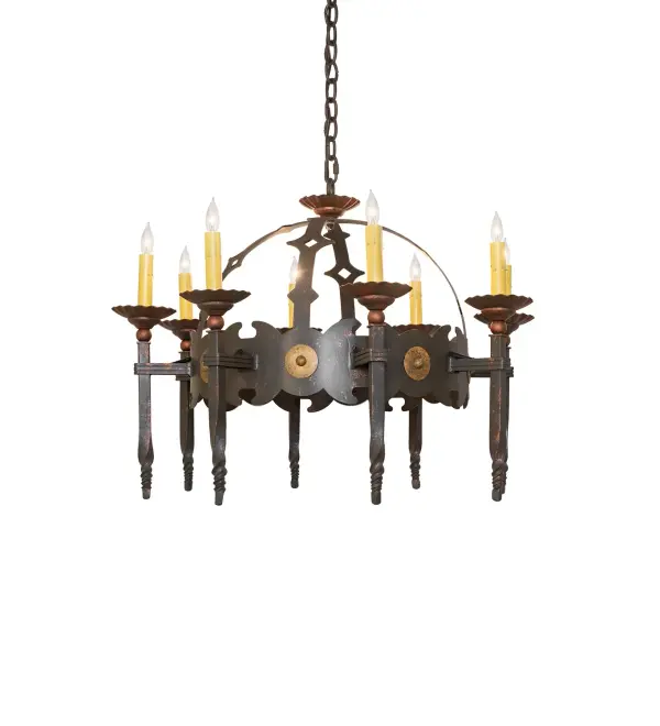 An exquisite design and rugged beauty come to light with this elegant chandelier. Antibes features an elaborate Iron frame and bobeches in a Gilded Tobacco finish. Eight Ivory faux candlelights are perched on distinctive bobeches. The overall height ranges from 22 to 57 inches, as the chain length can be easily adjusted in the field to accommodate your specific lighting application needs. The chandelier is perfect for illuminating entryways, dining spaces, and other rooms in fine homes, hotels, restaurants, and other residential and commercial spaces from Carmel, Indiana, to Brookfield, Wisconsin. The Antibes Chandelier is included in our American-made, American-designed, handcrafted Gothic Lighting Collection, which is manufactured in Yorkville, New York. UL and cUL are listed for dry and damp locations. Collection: Antibes Finish: Gilded Tobacco Glass: Chocolate,Beige,Gold Width: 28.00" Height: 26.00" Length: 28.00" Weight: 30.00 lb Number of Bulbs: 8 Maximum Wattage: 60.00 W Bulb Type: BA9 Bulb Base: E12 Material: Steel Country of Origin: USA Safety Rating: Damp