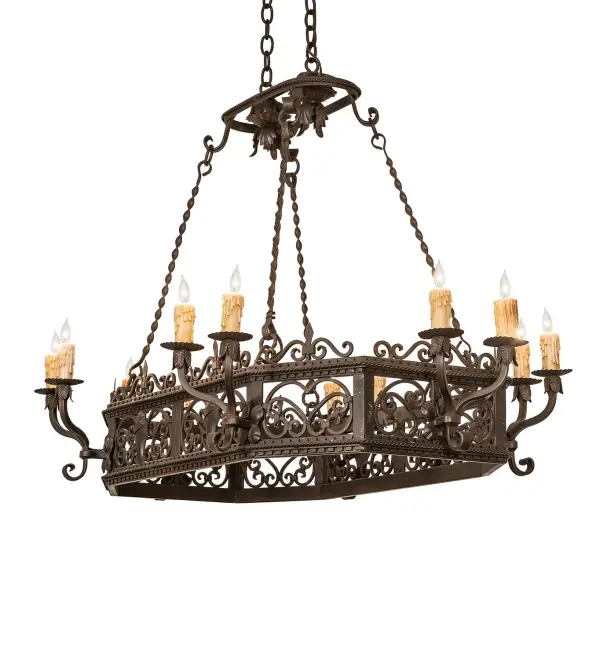 This sumptuous decorative lighting design adds a touch of elegance and beautiful ambient lighting to your interiors. Conques features a stunning Oil Rubbed Bronze finish and is designed to make the perfect centerpiece of any room. An elaborate scroll-like design and 12 decorative bobeches embrace an equal number of Ivory faux candlelights. The chandelier is the ideal centerpiece for a lobby, entryway, ballroom and other spaces. Overall height ranges from 37 to 50 inches as the chain can be easily adjusted in the field. The Conques Chandelier is featured in our American-made, American designed handcrafted Traditional Lighting Collection. Manufactured in Yorkville, New York. UL and cUL listed for dry and damp locations. Collection: Conques Finish: Oil Rubbed Bronze Height: 37.00" Length: 50.00" Weight: 65.00 lb Number of Bulbs: 12 Maximum Wattage: 60.00 W Bulb Type: BA9 Bulb Base: E12 Material: Steel Country of Origin: USA Safety Rating: Damp