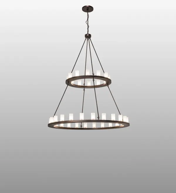 Blending an elegant style with a classic, distinguished look... The Loxley chandelier is custom-crafted with 36 Clear Frosted Glass Cylindre elements on two tiers and enhanced with a Mahogany Bronze finish. The overall height ranges from 95 to 213 inches, as the chain can be adjusted in the field to meet your exact requirements. This luxurious custom fixture is ideal for illuminating ballrooms, dining tables, lobbies, entryways, and other residential, hospitality, and commercial spaces throughout the U.S., including Arlington, Virginia, Omaha, Nebraska, and Sacramento, California. The Loxley Two Tier Chandelier is included in our American-made, American-designed, handcrafted Contemporary Lighting Collection. This fixture is manufactured in Yorkville, New York. UL and cUL listed for dry and damp locations. Collection: Loxley Finish: Mahogany Bronze Glass: Clear Frosted Glass Width: 72.00" Height: 95.00" Length: 72.00" Weight: 135.00 lb Number of Bulbs: 36 Maximum Wattage: 40.00 W Bulb Type: B10 Bulb Base: E12 Material: Steel Country of Origin: USA Safety Rating: Damp