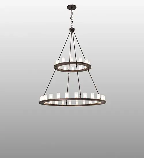 Blending an elegant style with a classic, distinguished look... The Loxley chandelier is custom-crafted with 36 Clear Frosted Glass Cylindre elements on two tiers and enhanced with a Mahogany Bronze finish. The overall height ranges from 95 to 213 inches, as the chain can be adjusted in the field to meet your exact requirements. This luxurious custom fixture is ideal for illuminating ballrooms, dining tables, lobbies, entryways, and other residential, hospitality, and commercial spaces throughout the U.S., including Arlington, Virginia, Omaha, Nebraska, and Sacramento, California. The Loxley Two Tier Chandelier is included in our American-made, American-designed, handcrafted Contemporary Lighting Collection. This fixture is manufactured in Yorkville, New York. UL and cUL listed for dry and damp locations. Collection: Loxley Finish: Mahogany Bronze Glass: Clear Frosted Glass Width: 72.00" Height: 95.00" Length: 72.00" Weight: 135.00 lb Number of Bulbs: 36 Maximum Wattage: 40.00 W Bulb Type: B10 Bulb Base: E12 Material: Steel Country of Origin: USA Safety Rating: Damp - alternate view