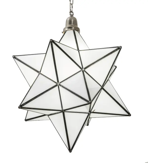 Grace your home with this timeless ceiling pendant. Dating back to Moravia hundreds of years ago, the Star was used to protect your home and bring good luck to your family. The Moravian Star pendant features a sparkling White Art Glass shade which is complemented with a Brushed Nickel finish. Each shade is created with Brass Channel Construction. Overall height ranges from 28 to 63 inches as the chain length can be easily adjusted in the field to accommodate your specific lighting needs. Shade colors, metal finishes and sizes can be customized. UL and cUL listed for dry, damp and wet locations. Collection: Moravian Star Finish: Brushed Nickel Glass: White Art Glass Width: 18.00" Height: 28.00" Length: 18.00" Weight: 10.00 lb Number of Bulbs: 1 Maximum Wattage: 60.00 W Bulb Type: A19 Bulb Base: E26 Material: Brass Country of Origin: USA Safety Rating: Damp