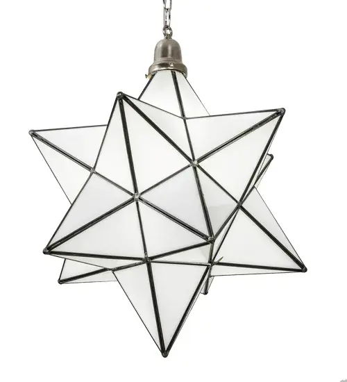 Grace your home with this timeless ceiling pendant. Dating back to Moravia hundreds of years ago, the Star was used to protect your home and bring good luck to your family. The Moravian Star pendant features a sparkling White Art Glass shade which is complemented with a Brushed Nickel finish. Each shade is created with Brass Channel Construction. Overall height ranges from 28 to 63 inches as the chain length can be easily adjusted in the field to accommodate your specific lighting needs. Shade colors, metal finishes and sizes can be customized. UL and cUL listed for dry, damp and wet locations. Collection: Moravian Star Finish: Brushed Nickel Glass: White Art Glass Width: 18.00" Height: 28.00" Length: 18.00" Weight: 10.00 lb Number of Bulbs: 1 Maximum Wattage: 60.00 W Bulb Type: A19 Bulb Base: E26 Material: Brass Country of Origin: USA Safety Rating: Damp - alternate view