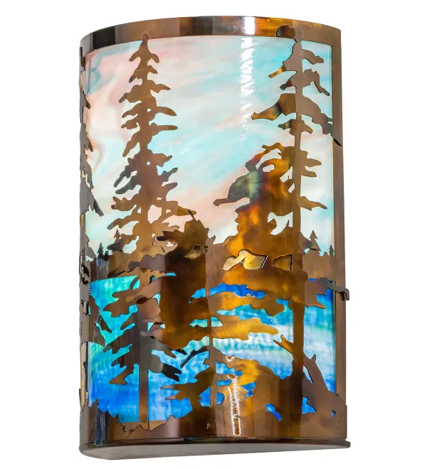 This curvaceous sconce features mesmerizing Pine Tree silhouettes that stand tall as the brilliant morning sun rises above a brilliant mountain lake in the background. Beautiful ambient light is projected through a stunning Purple, Blue and Green art glass diffuser which is complemented with decorative accents and hardware featured in a Light Burnished Transparent Copper finish. Ideal for illuminating hallways, dining areas and other spaces in residential, hospitality and commercial settings. The Tall Pines Wall Sconce is featured in our American made, American designed, handcrafted Nature Inspired Lighting Collection. Manufactured in Yorkville, New York. UL and cUL listed for dry and damp locations. Collection: Tall Pines Finish: Light Burnished Transparent Copper Glass: Purple-Blue & Blue-Green Art Glass Width: 12.00" Height: 18.00" Length: 6.50" Weight: 13.00 lb Extension from Wall: 6.50" Number of Bulbs: 2 Maximum Wattage: 60.00 W Bulb Type: A19 Bulb Base: E26 Material: Steel Country of Origin: USA Safety Rating: Damp