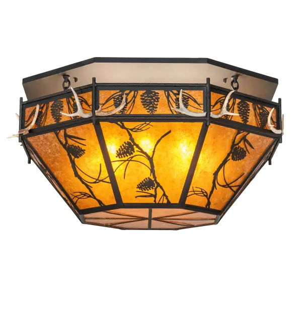 Listen closely.You can almost hear the soft whisper of the Pine Branches as they dance in the wind. Enjoy the ambiance of soft beautiful light diffused through the Amber Mica panels featuring stunning Pinecone and Pine branch designs. The shade also features Natural Antler Accents affixed to the perimeter. The ceiling fixture is Hand finished in a handsome Costello Black. The Whispering Pines Semi-Flushmount is featured in our American made; American designed; handcrafted Nature Inspired Collection. Manufactured in Yorkville; New York. UL and cUL listed for dry and damp locations.