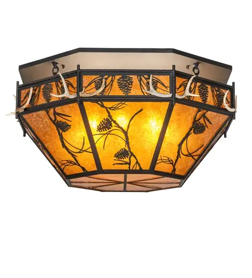 Listen closely.You can almost hear the soft whisper of the Pine Branches as they dance in the wind. Enjoy the ambiance of soft beautiful light diffused through the Amber Mica panels featuring stunning Pinecone and Pine branch designs. The shade also features Natural Antler Accents affixed to the perimeter. The ceiling fixture is Hand finished in a handsome Costello Black. The Whispering Pines Semi-Flushmount is featured in our American made; American designed; handcrafted Nature Inspired Collection. Manufactured in Yorkville; New York. UL and cUL listed for dry and damp locations. - alternate view