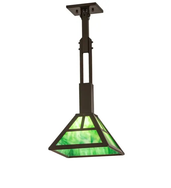 This handsome Craftsman styled fixture is inspired by the Arts and Crafts movement. This fixture features a Green Art Glass shade which is complemented with a striking Mission straight line design. The shade is complemented with decorative accents highlighted in a warm Timeless Bronze finish. Ideal for placement in Multiples to illuminate islands, counters, tables or bars, this pendant is handcrafted by highly skilled artisans in our 180,000 square foot manufacturing facility in Yorkville, NY. Custom sizes, styles, colors adn dimmable energy efficient lamping options such as LED are available. UL and cUL listed for damp and dry locations. Collection: T" Mission" Finish: Timeless Bronze Glass: Green Art Glass Width: 14.00" Height: 24.00" Length: 10.00" Weight: 7.50 lb Number of Bulbs: 1 Maximum Wattage: 60.00 W Bulb Type: A19 Bulb Base: E26 Material: Steel Country of Origin: USA Safety Rating: Damp