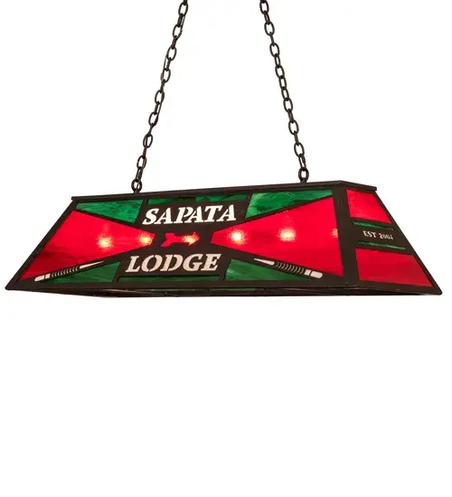 Designed with the SAPATA LODGE name. This stunning personalized oblong pendant features a shade that combines Red; Green; and White art glass and is complemented with a Costello Black finish. This oblong pendant is ideal for illuminating billiard tables; bars; kitchen islands; counters; and dining tables. The overall height ranges from 22 to 48 inches; as the chain can easily be adjusted in the field to your exact specifications. The Personalized Sapata Lodge Oblong Pendant is included in the American-made; American-designed; handcrafted Personalized Collection and manufactured in Yorkville; New York. UL and cUL listed for dry and damp locations. This specific fixture is not available for sale but is shown as is to demonstrate our custom capabilities. Please feel free to contact us for more info. Featured in a private residence in the central Adirondacks in New York state. - alternate view
