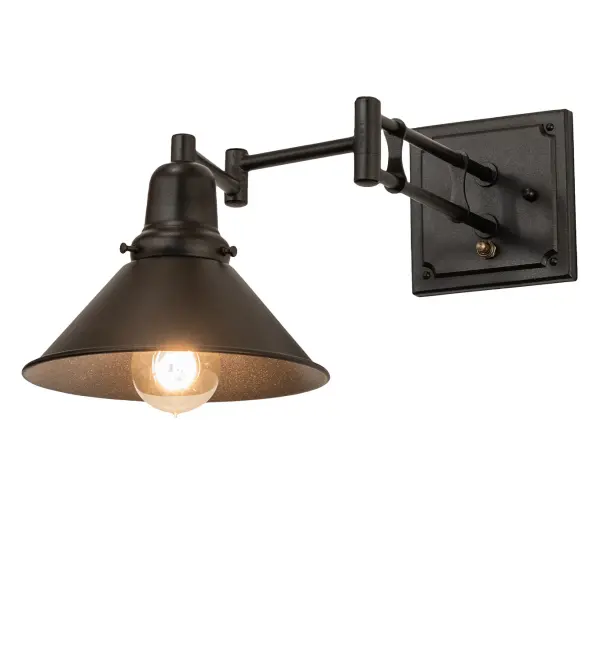 This fixture is made of Steel. The steel components are finished in Textured Black and Pewter. This fixture is UL rated for damp locations. Collection: Swingarm Finish: Textured Black & Pewter Glass: Black Metal Finish Width: 8.00" Height: 10.00" Length: 4.25" Weight: 3.00 lb Extension from Wall: 4.25" Number of Bulbs: 1 Maximum Wattage: 60.00 W Bulb Type: A19 Bulb Base: E26 Material: Steel Country of Origin: USA Safety Rating: Damp