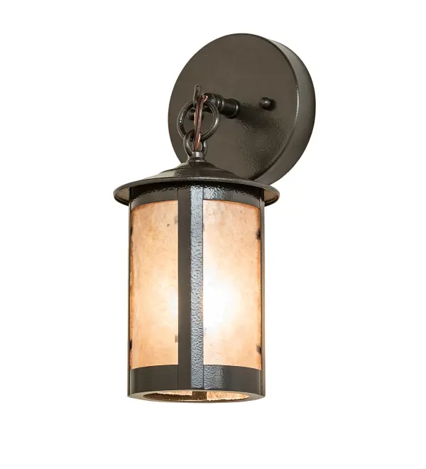 Handcrafted from Solid Brass with alluring rustic beauty. This stunning Craftsman Signature lantern features a Silver Mica diffuser that is enhanced with a Timeless Bronze Vein finish. The cylindrical shaped wall fixture is Domestically produced in our 180,000 sq ft US manufacturing facility in Yorkville, NY. This Build Your Own lighting series offers fully configurable combinations of lantern styles, functions, fixture sizes and metal finishes to meet your lighting needs. UL and cUL listed for dry, damp and wet locations. Collection: Fulton Finish: Timeless Bronze Vein Glass: Silver Mica Width: 5.00" Height: 12.00" Length: 5.00" Weight: 2.00 lb Extension from Wall: 5.00" Number of Bulbs: 1 Maximum Wattage: 9.00 W Bulb Type: A19 Bulb Base: E26 Light Source: LED Material: Brass Country of Origin: USA Safety Rating: Wet LED