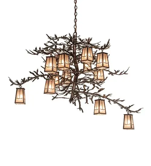 Invite the natural charm of the American woodlands into your camp, lodge, home or business with this chandelier. 12 Silver Mica lanterns are offered in this stunning Arts & Crafts design and adorn Pine Branch shaped metal arms accented with the Pine Needle metal accents. This stunning elaborate fixture features a warm Mahogany Bronze finish. Overall height ranges from 40 to 70 inches as the chain length can be easily adjusted in the field. The Pine Branch Valley View Chandelier is included in our American manufactured, American designed, handcrafted Nature Inspired Lighting Collection. UL and cUL listed for dry and damp locations. Collection: Pine Branch Finish: Mahogany Bronze Glass: Silver Mica Width: 52.00" Height: 40.00" Length: 52.00" Weight: 31.00 lb Number of Bulbs: 12 Maximum Wattage: 60.00 W Bulb Type: BA9 Bulb Base: E12 Material: Steel Country of Origin: USA Safety Rating: Damp - alternate view