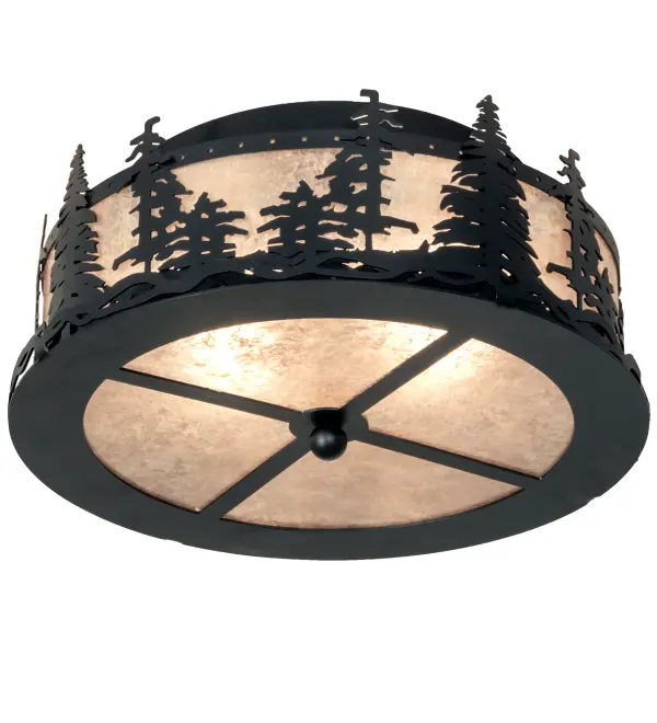 This fixture is made of steel and mica. The steel components are finished in Textured Black. The lens is Silver Mica. This fixture is UL rated for damp locations. Collection: Tall Pines Finish: Textured Black Glass: Silver Mica Width: 16.00" Height: 7.00" Length: 16.00" Weight: 7.50 lb Number of Bulbs: 2 Maximum Wattage: 6.00 W Bulb Type: A19 Bulb Base: E26 Material: Steel Country of Origin: USA Safety Rating: Damp