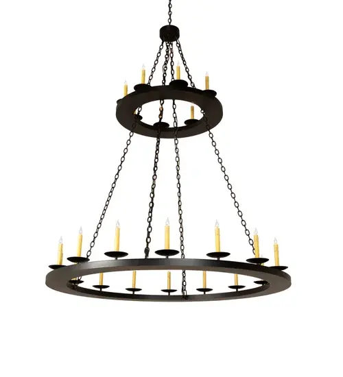 Blending an elegant style with a classic; distinguished look... This massive Loxley chandelier is custom-crafted with 24 Ivory faux candlelights. These illuminating elements are perched on two sturdy rings; which are enhanced with a Textured Black finish. The luxurious; custom-crafted fixture is ideal for illuminating ballrooms; dining areas; lobbies; entryways; and other residential; hospitality; and commercial spaces. The overall height ranges from 80 to 199 inches as the chain adjusts easily on location. The Loxley 24-Light Two-Tier Chandelier is included in our American-made; American-designed; handcrafted Loxley Lighting Collection. This fixture is manufactured in Yorkville; New York; and is UL and cUL listed for dry and damp locations. The Loxley Collection features various chandeliers; pendants; and wall sconces designed with sturdy rings accented with faux candlelights or cylindrical elements. Many of these fixtures make great statement pieces for large spaces and can be customized with your choice of size; finish; and lamping. - alternate view