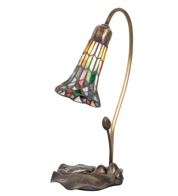 Inspired by Tiffany's famous Pond Lily design from the early 1900s... This mini lamp features a stunning multicolored stained glass shade created using the famous Meyda Tiffany copperfoil construction process. The Pond Lily shade is embraced by an elegant Cast Base hand finished in Antique Brass. The Pond Lily Table Lamp is featured in our American designed, handcrafted Stained Glass Lighting Collection. UL and cUL listed for dry locations. Each shade is a unique work of art with color variations based on natural ingredients inherent in the glass. Contact us if color matching is critical when ordering multiple items. Collection: Stained Glass Pond Lily Finish: Mahogany Bronze Glass: Multi-Colored Width: 8.00" Height: 16.00" Length: 8.00" Weight: 3.00 lb Maximum Wattage: 60.00 W Bulb Type: B10 Bulb Base: E12 Material: Zinc Country of Origin: CHINA Safety Rating: Dry