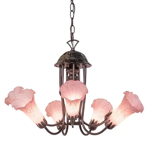 Recreating the popular Tiffany design from the early 1900s... This classic chandelier offers a delicate design featuring 7 stunning Pink Favrile art glass shades embraced by an elegant curvaceous cast metal frame featuring a Mahogany Bronze finish. The overall height ranges from 18 to 53 inches as the chain easily adjusts in the field. The Pond Lily Chandelier is included in our American-designed; handcrafted Favrile Glass Lighting Collection. UL and cUL listed for dry and damp locations. Each shade is a unique work of art with color variations based on natural ingredients inherent in the glass. Please feel free to contact us if color matching is critical when ordering multiple items. - alternate view
