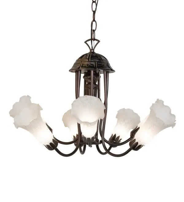 Recreating the popular Tiffany design from the early 1900s... This classic chandelier features 7 stunning White Favrile-style art glass shades complemented with an elegant curvaceous cast metal frame featuring a Mahogany Bronze finish. The overall height ranges from 18 to 53 inches as the chain easily adjusts in the field. The Pond Lily Chandelier is included in our American-designed, handcrafted Favrile Glass Lighting Collection. UL and cUL listed for dry and damp locations. Each shade is a unique work of art with color variations based on natural ingredients inherent in the glass. Please feel free to contact us if color matching is critical when ordering multiple items. Collection: White Finish: Mahogany Bronze Glass: White Width: 24.00" Height: 18.00" Length: 24.00" Weight: 10.00 lb Number of Bulbs: 7 Maximum Wattage: 25.00 W Bulb Type: BA9 Bulb Base: E12 Material: Steel Country of Origin: CHINA Safety Rating: Damp