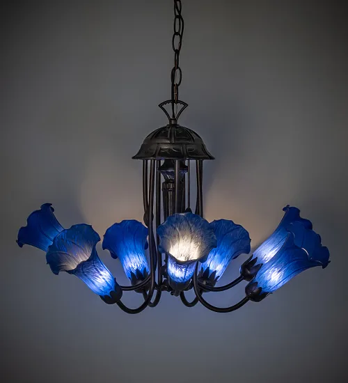 24" Wide Blue Tiffany Pond Lily 7 Light Chandelier