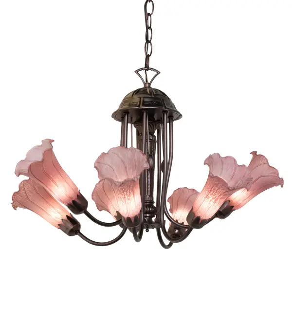 Recreating the popular Tiffany design from the early 1900s... This classic chandelier features 7 stunning shades created using Purple Favrile-style art glass complemented with an elegant curvaceous cast metal frame featuring a Mahogany Bronze finish. The overall height ranges from 18 to 53 inches as the chain easily adjusts in the field. The Pond Lily Chandelier is included in our American-designed; handcrafted Favrile Glass Lighting Collection. UL and cUL listed for dry and damp locations. Each shade is a unique work of art with color variations based on natural ingredients inherent in the glass. Please feel free to contact us if color matching is critical when ordering multiple items.