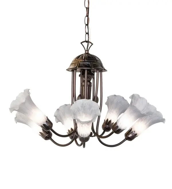 Recreating the popular Tiffany design from the early 1900s... This classic chandelier features 7 stunning shades created using Gray Favrile-style art glass complemented with an elegant curvaceous cast metal frame featuring a Mahogany Bronze finish. The overall height ranges from 18 to 53 inches as the chain easily adjusts in the field. The Pond Lily Chandelier is included in our American-designed, handcrafted Favrile Glass Lighting Collection. UL and cUL listed for dry and damp locations. Each shade is a unique work of art with color variations based on natural ingredients inherent in the glass. Please feel free to contact us if color matching is critical when ordering multiple items. Collection: Gray Finish: Mahogany Bronze Glass: Gray Glass Width: 24.00" Height: 18.00" Length: 24.00" Weight: 10.00 lb Number of Bulbs: 7 Maximum Wattage: 25.00 W Bulb Type: BA9 Bulb Base: E12 Material: Steel Country of Origin: CHINA Safety Rating: Damp