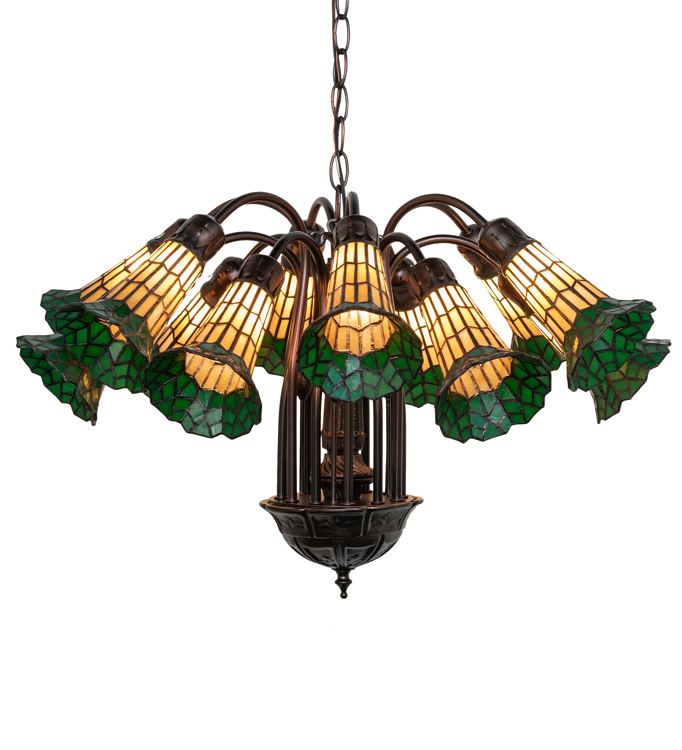 Stained Glass Pond Lily 12 Light Chandelier in Mahogany Bronze