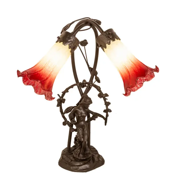 Inspired by the famous Tiffany design from the early 1900s. This table lamp features two stunning shades mouth blown of fine Seafoam and Cranberry glass. The Pond Lily shades are embraced by an elegant cast Trellis Girl base finished by hand in Mahogany Bronze. The Pond Lily Table Lamp is featured in our American designed, handcrafted Favrile Glass Collection. UL and cUL listed for dry locations. Each shade is a unique work of art with color variations based on natural ingredients inherent in the glass. Contact us if color matching is critical when ordering multiple items. Collection: Seafoam/Cranberry Finish: Mahogany Bronze Glass: Seafoam/Cranberry Width: 15.00" Height: 17.00" Length: 15.00" Weight: 8.00 lb Number of Bulbs: 2 Maximum Wattage: 15.00 W Bulb Type: B10 Bulb Base: E12 Material: Bronze Country of Origin: CHINA Safety Rating: Dry