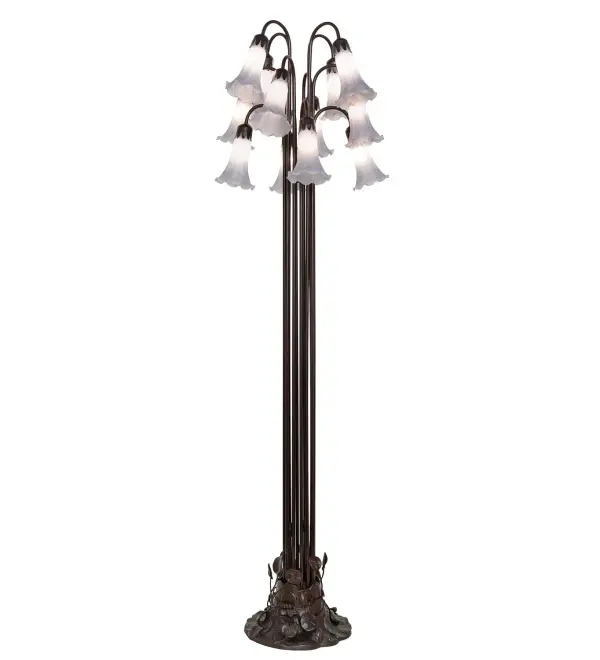 It was inspired by the famous Tiffany design from the early 1900s. This floor lamp features 12 stunning Gray Favrile style glass shades created using the famous Meyda Tiffany copperfoil construction technique. An elegant cast metal base features a Mahogany Bronze finish, with winding vines and a lily pad that embraces the Lily-shaped shades with floral-styled fitters?inspired by antique lighting in homes from the Bowery in New York City, to Philadelphia, Pennsylvania, to San Francisco, California. Ideal for placement near a chair or table in living spaces, dining areas, and other spaces in hospitality and residential settings. The Stained Glass Pond Lily Floor Lamp is included in our American-designed, handcrafted Favrile Glass Lighting Collection. UL and cUL listed for dry locations. Each shade is a unique work of art with color variations based on natural ingredients inherent in the glass. Collection: Gray Finish: Mahogany Bronze Glass: Gray Glass Width: 20.00" Height: 63.00" Length: 20.00" Weight: 28.00 lb Number of Bulbs: 12 Maximum Wattage: 15.00 W Bulb Type: BA9 Bulb Base: E12 Material: Zinc Country of Origin: CHINA Safety Rating: Dry