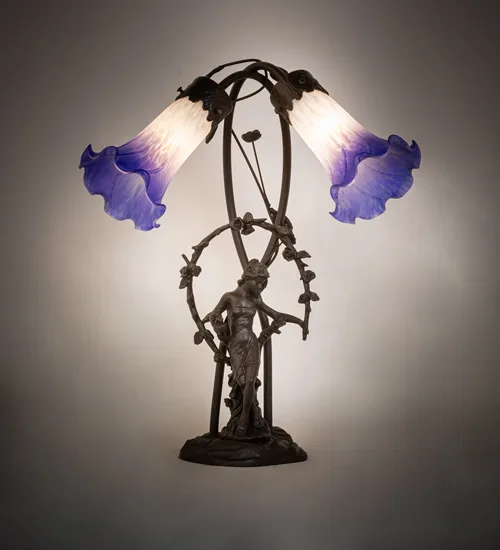 17" High Blue/White Pond Lily 2 Light Trellis Girl Table Lamp