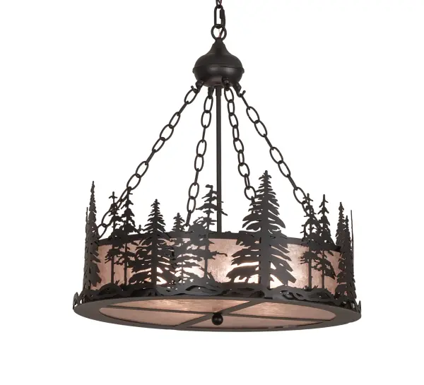 A stand of Tall Pines in front of a mountainside top the frame of this pendant. This charming nature-inspired fixture features Bark Brown Pine Trees on a background of Silver Mica with hardware hand finished in Textured Black. Perfect for residential, restaurant, lodge, retail and commercial applications. Custom crafted by Meyda artisans in the Yorkville, NY manufacturing facilities at the foothills of the Adirondack Mountains. Energy efficient lamping options. Custom colors, styles, and sizes available. UL Listed for damp locations. Collection: Tall Pines Finish: Textured Black Glass: Silver Mica Width: 23.00" Height: 28.00" Length: 23.00" Number of Bulbs: 4 Maximum Wattage: 60.00 W Bulb Type: A19 Bulb Base: E26 Material: Steel Country of Origin: USA Safety Rating: Damp