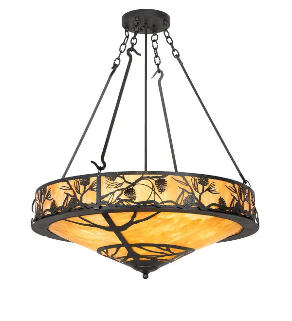 Enjoy the ambiance of soft light diffused through a beautiful Ambra Siena Idalight shade featuring breathtaking Pinecone and Pine Branch designs. This nature inspired inverted pendant is enhanced with a Wrought Iron finish. This luxurious custom lighting fixture is ideal for illuminating dining tables; lobbies; entryways and other residential; hospitality and commercial spaces. The Whispering Pines Inverted Pendant is featured in our American made; American designed; handcrafted Nature Inspired Lighting Collection. UL and cUL listed for dry and damp locations.
