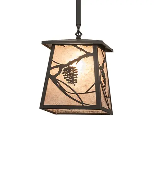 Listen closely. You can almost hear the whisper of the pine branches as they dance in the wind. Enjow the warm ambiance pf soft beautiful light diffused through Silver Mica panels featuring stunning pinecone and pine branch designs. Hand finished in a handsome Wrought Iron and handcrafted by Meyda Artisans in Yorkville; New York. Create the design; colors; and the size and style of your choice. Energy efficient lamping options available. - alternate view