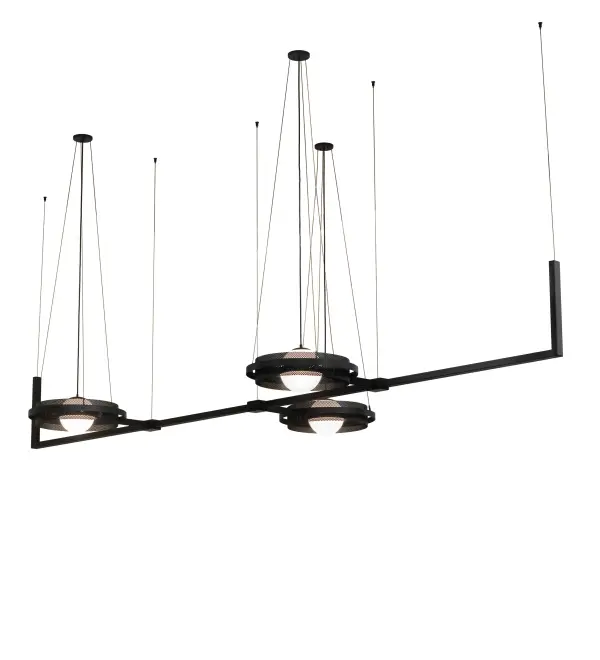 This massive architectural lighting fixture is designed with a unique and stylish design. Suspended along this linear crossbar styled chandelier are 3 White Glass Orbs. Each decorative element is surrounded by a curvaceous Solar Black finished pierced metalwork frame with complementary band. The elaborate geometric structure features a stunning Solar Black finish. The overall height ranges from 26 to 76 inches; as the aircraft cable length can be adjusted in the factory to accommodate your specific lighting application needs. The Bola Whipple Oblong Pendant is included in our American-made; American-designed; handcrafted Modern Lighting Collection and manufactured in Yorkville; New York. UL and cUL listed for dry and damp locations.