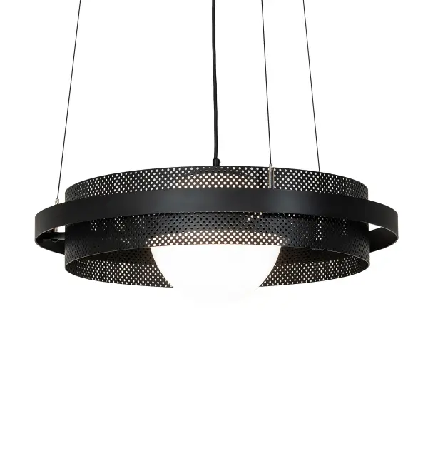 Discover a unique decorative look and industrial lighting design. A complementary band surrounds a curvaceous; pierced metalwork frame featured in a Solar Black finish. Beautiful ambient illumination emanates from a White Glass Orb suspended from within. This shining; eye-catching pendant emits a clean glow and enhances the ambiance of the surrounding space. The overall height ranges from 14 to 83 inches; as the aircraft cable length can be adjusted easily in the field to accommodate your specific lighting application needs. The Bola Whipple Pendant is included in our American-made; American-designed; handmade Industrial Lighting Collection and manufactured in Yorkville; New York. UL & cUL listed for dry and damp locations. Featured in the Johns Hopkins Facility for Research; Education; and Public Engagement in Baltimore; Maryland; and designed by Rockwell Group.