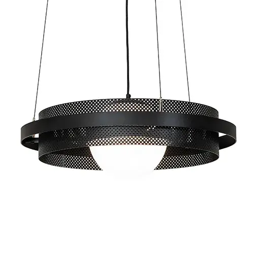 Discover a unique decorative look and industrial lighting design. A complementary band surrounds a curvaceous; pierced metalwork frame featured in a Solar Black finish. Beautiful ambient illumination emanates from a White Glass Orb suspended from within. This shining; eye-catching pendant emits a clean glow and enhances the ambiance of the surrounding space. The overall height ranges from 14 to 83 inches; as the aircraft cable length can be adjusted easily in the field to accommodate your specific lighting application needs. The Bola Whipple Pendant is included in our American-made; American-designed; handmade Industrial Lighting Collection and manufactured in Yorkville; New York. UL & cUL listed for dry and damp locations. Featured in the Johns Hopkins Facility for Research; Education; and Public Engagement in Baltimore; Maryland; and designed by Rockwell Group. - alternate view