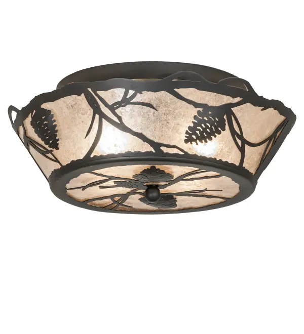 Listen closely. You can almost hear the whisper of the pine branches and pinecones as they dance in the wind. Enjoy the warm ambiance of beautiful light diffused through a Silver Mica shade complemented with a matching bottom diffuser and handsome Wrought Iron hardware. The Whispering Pines Flushmount is included in our American-made, American-designed, handcrafted Nature-Inspired Lighting Collection and manufactured in Yorkville, NY. UL and cUL listed for dry and damp locations. Collection: Whispering Pines Finish: Wrought Iron Glass: Silver Mica Width: 16.50" Height: 6.50" Length: 16.50" Weight: 4.50 lb Number of Bulbs: 4 Maximum Wattage: 60.00 W Bulb Type: A19 Bulb Base: E26 Material: Steel Country of Origin: USA Safety Rating: Damp