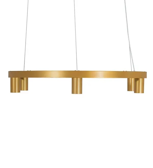 A luxurious minimalist chandelier that provides optimal downlighting on surfaces below. The Goldtastic finished ring embraces six downlights, and the fixture's overall height ranges from 10 to 129 inches as the chain easily adjusts in the field for precise lighting application. The Korfu Chandelier is included in our American-made, American-designed, handcrafted Transitional Lighting Collection. Manufactured in Yorkville, NY. UL and cUL listed for dry and damp locations. Collection: Korfu Finish: Goldtastic Glass: Gold Width: 47.00" Height: 10.00" Length: 47.00" Weight: 28.00 lb Number of Bulbs: 6 Maximum Wattage: 50.00 W Bulb Type: MR16 Bulb Base: E26 Material: Steel Country of Origin: CHINA Safety Rating: Damp