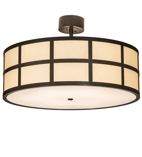 Designed with a curved profile and a striking geometric look. This appealing ceiling fixture reveals a sophisticated aesthetic. A Beige Textrene shade is complemented with a Statuario Idalight bottom diffuser and enhanced with Timeless Bronze finished accents and hardware. The Cilindro Barnabas Semi-Flushmount is included in our American-made, American-designed handcrafted Modern Craftsman Collection. Manufactured in Yorkville, NY. UL and cUL listed for dry and damp locations, however, we do not recommend installing it in spaces that experience a large amount of moisture due to the fabric shade. Collection: Cilindro Finish: Timeless Bronze Glass: Beige Textrene/Statuario Idalight Width: 36.00" Height: 22.25" Length: 36.00" Weight: 29.00 lb Number of Bulbs: 6 Maximum Wattage: 60.00 W Bulb Type: A19 Bulb Base: E26 Material: Steel Country of Origin: USA Safety Rating: Damp