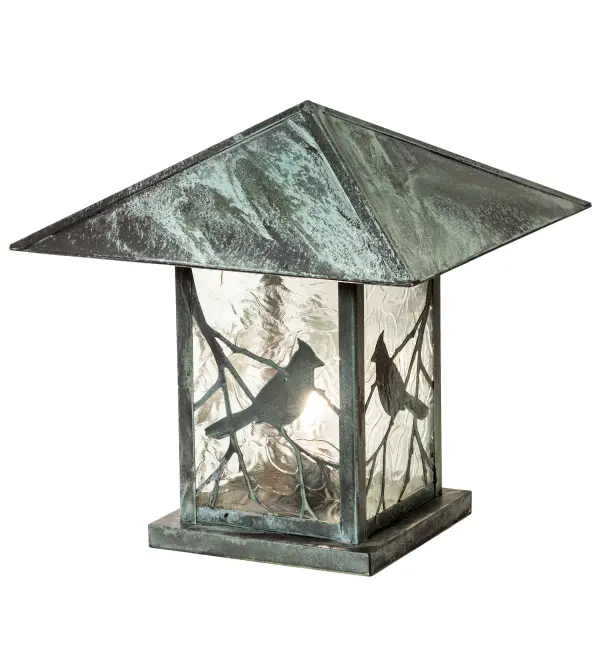 You can almost hear the beautiful melodies of this singing bird that echo the rhythms of Mother Nature. Delicately etched of Solid Brass; stunning silhouettes of a Song Bird perched on branches accent this charming lantern-style pier mount. The fixture is finished in Verdigris and features a Clear Leaf Art Glass diffuser. Perfect for outdoor lighting applications; the pier mount tops off a post or column while providing beautiful ambient illumination. The Seneca Song Bird Pier Mount is included in our American-made; American designed handcrafted Craftsman Signature Lighting Collection. Manufactured in Yorkville; New York. UL and cUL listed for dry; damp; and wet locations.