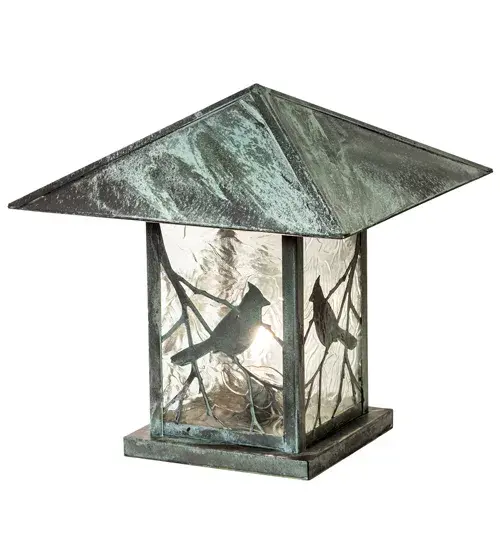 You can almost hear the beautiful melodies of this singing bird that echo the rhythms of Mother Nature. Delicately etched of Solid Brass; stunning silhouettes of a Song Bird perched on branches accent this charming lantern-style pier mount. The fixture is finished in Verdigris and features a Clear Leaf Art Glass diffuser. Perfect for outdoor lighting applications; the pier mount tops off a post or column while providing beautiful ambient illumination. The Seneca Song Bird Pier Mount is included in our American-made; American designed handcrafted Craftsman Signature Lighting Collection. Manufactured in Yorkville; New York. UL and cUL listed for dry; damp; and wet locations. - alternate view