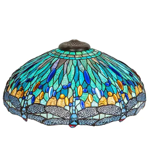 A stunning Tiffany reproduction... Soaring Blue dragonflies with Red jeweled eyes and matching metal filigree wings circle over hand cut pieces of Lakeside Blue and Pond Green glass that represent rippling water. This art glass shade is accented with Purple jewels and created using the famous Meyda Tiffany copperfoil construction. Shade pairs well with a table and floor lamp bases, or matches with hardware to create a ceiling fixture. The Tiffany Hanginghead Pendant is included in our American designed, handcrafted Tiffany Reproduction Collection. Each shade is a unique work of art with color variations based on natural ingredients inherent in the glass. Contact us if color matching is critical. Collection: Tiffany Hanginghead Dragonfly Glass: Stained Glass Width: 22.00" Height: 11.00" Length: 22.00" Weight: 12.00 lb Country of Origin: CHINA Safety Rating: Dry - alternate view