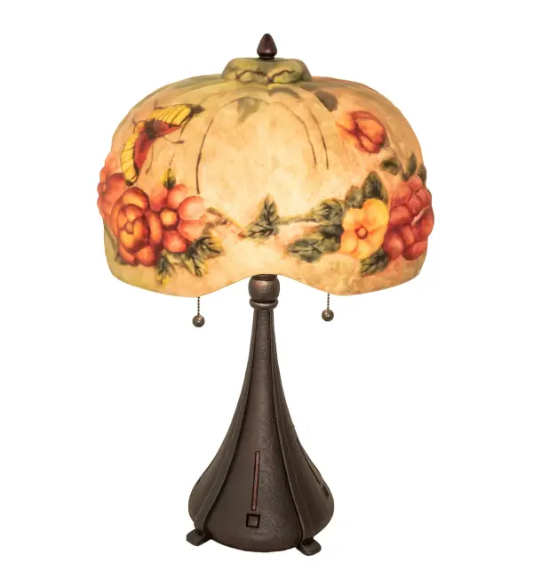 Reminiscent of antique lighting that graced the homes and apartment buildings of the early 20th century. The table lamp features a Puffy style shade that evokes a warm nostalgic feeling of enduring quality and beauty. The Beige Satin art glass shade features an embossed design with Red and Orange Flowers & Butterflies with Green Leaves, and enhanced with an exquisite cast metal base finished in Mahogany Bronze. The Puffy Butterfly & Flowers Table Lamp is included in our American designed Puffy Art Glass Lighting Collection. UL & cUL listed for dry locations. Each shade is a unique work of art with color variations based on natural ingredients inherent in the glass. Contact us if color matching is critical when ordering multiple items. Collection: Puffy Finish: Mahogany Bronze Glass: Beige/Green/Red/Orange Width: 13.00" Height: 23.00" Length: 13.00" Weight: 12.00 lb Number of Bulbs: 2 Maximum Wattage: 60.00 W Bulb Type: A19 Bulb Base: E26 Material: Zinc/Steel Country of Origin: CHINA Safety Rating: Dry